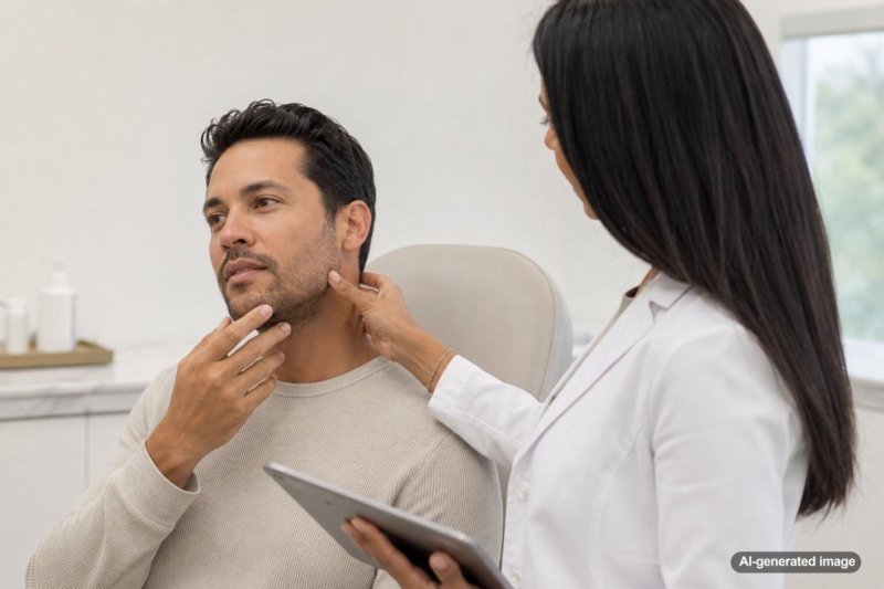 Folliculitis Barbae: Inflamed Hair Follicles on the Beard Area Mimicking Acne